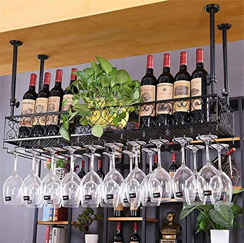 Wandmontierte Bar-Einheit, schwebendes Regal, Metall, Eisen, Weinregal, Deckenhalter, Weinflaschenhalter und Kelch, Stielgläser, Aufbewahrung, schwarz, 120 x 25 cm