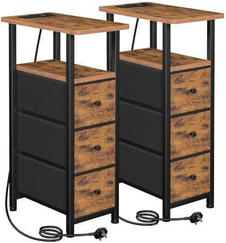 LOAKEKEL Narrow Bedside Table Set of 2, Slim Side Table for Bedroom | Bed Side Table Living Room with Charging Station, Sofa Table with 3 Fabric Drawers, Small Nightstand for Small Spaces, Brown