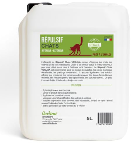 Verlina Répulsif Chats Intérieur et Extérieur, Naturel, 5 litres, Prêt à l'emploi, Formule Spray Non Tachante, Protection Longue Durée pour Textile, Canapé et Jardin