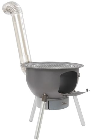 Estufa de madera para camping con tubo, parrilla de carbón vegetal portátil con 3 anillas de wok y bolsa de transporte y guantes, para camping, picnic, barbacoa, accesorios de camping, color negro