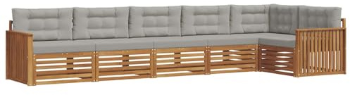 vidaXL Outdoor-Sofagarnitur mit Kissen 6 pcs Natürlich und Hellgrau, Gartenmöbel, Moderne Sofa-Garnitur, Eck-Sitzgruppe für Lounge draußen, bequemer Terrassenstuhl