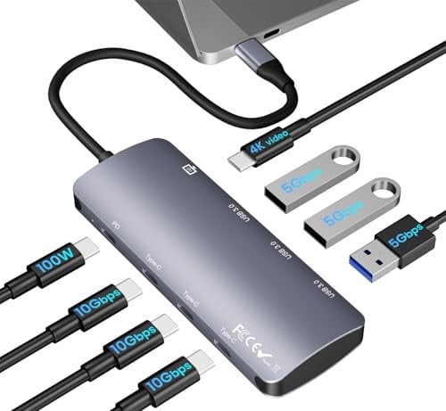 Hub USB C 8-in-1, 10Gbps USB C Hub con 4K@60Hz Video, 100W PD Ricarica, 3× USB-C 10Gbps e 3× USB 3.0 5Gbps, Docking Station per MacBook Pro/Air, iPad Pro, Dell, HP e Altro