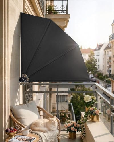 paramondo Balkonfächer Sichtschutz mit Wandhalterung, 140x140cm Anthrazit | Balkon Sichtschutz Wetterfest UV-beständig Faltbar, Balkonsichtschutz Terrasse Seitenmarkise Windschutz inkl. Schutzcover