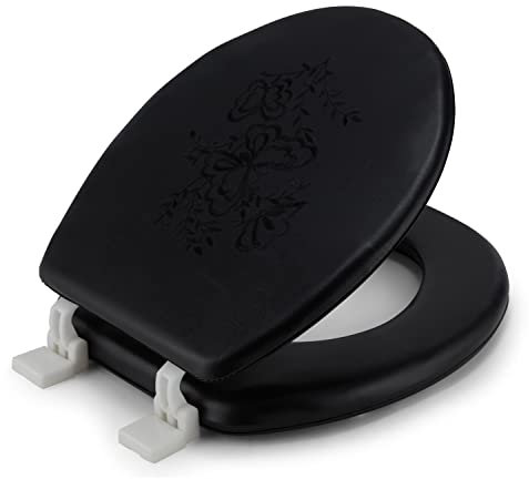 J&V Textiles Embroidered Soft Round Toilet Seat With Easy Clean & Change Hinge, Padded (Black)