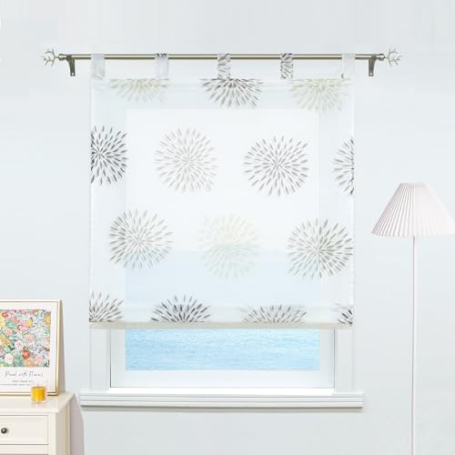 ESLIR Raffrollo mit Schlaufen Gardinen Küche Raffgardinen Transparent Schlaufenrollo Vorhänge Kreis-Motiven Modern Voile Braun BxH 120x140cm 1 Stück