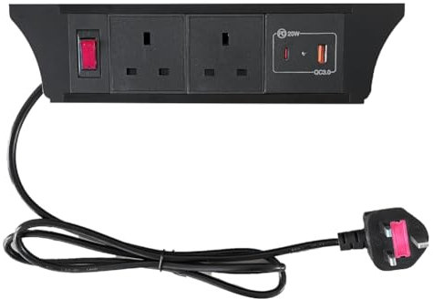 Zeshan Under Desk Cable Management Desk Power socket with 1 Switch, 2 UK Plug 1 USB C Fast Charger,Don't Need Cut Hole, Cord Length 59inch