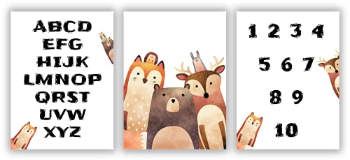 ELAFI® ABC Poster Kinderzimmer Bilder groß | Alphabet Poster set 3 x A3 (30cm x 40cm) Bilder| Kinder Deko Lernposter Skandinavisch | Bilderset mit Tiere123 für das Babyzimmer | Lernposter Waldtiere