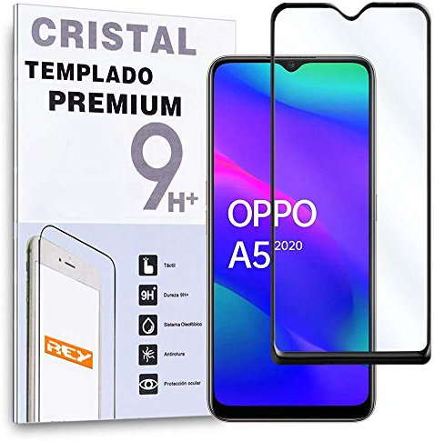 REY Protector de Pantalla Curvo para OPPO A5 2020 - OPPO A9 2020, Negro, Cristal Vidrio Templado Premium, 3D / 4D / 5D
