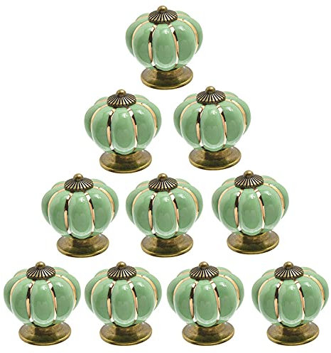 POFET 10pcs Ceramic Door Knobs Vintage Pumpkin Cabinet Drawer Pulls Cupboard Handles Furniture Home Decoratin Light Green