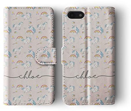 Tirita Personalised Leather Flip Wallet Phone Case with Card Holder Compatible with iPhone 7/8 / SE 2020 / SE 2022 - Vintage Shabby Chic [15 - Rainbow Pink Unicorns]