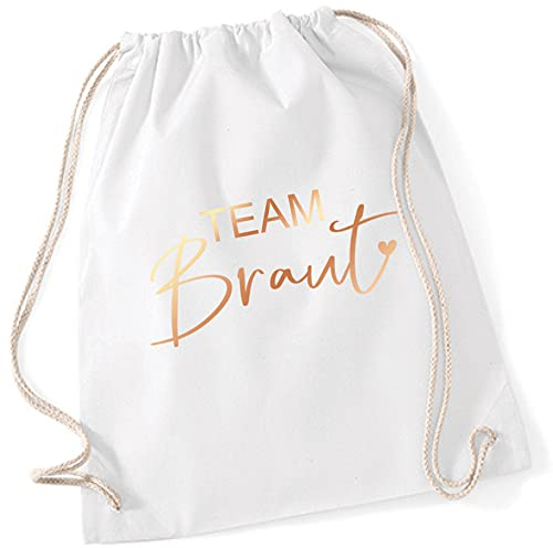 Miss Lovely JGA Turnbeutel Rucksack TEAM BRAUT Stofftasche mit Herz für Junggesellenabschied Bride Crew Farben weiß & rosé-gold Baumwolle Maße 37 x 46cm