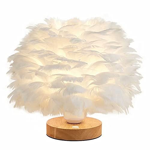 Weiße Federtischlampe Nachttischlampe mit Holzsockel Federtischlampe Schreibtischlampenschirm für Schlafzimmerlampe, dekorative Lampe, Wohnzimmer