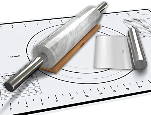 Fistukit White Marble Rolling Pin with Stainless Steel Handles Baking Set - Silicone Baking Mat, Bench Scraper, Wooden Base- 10 Inch Roller