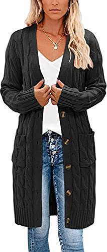 kinstell Ladies Long Sleeve Button Top Chunky Aran Cable Knitted Long Length Boyfriend Grandad Cardigan UK Black