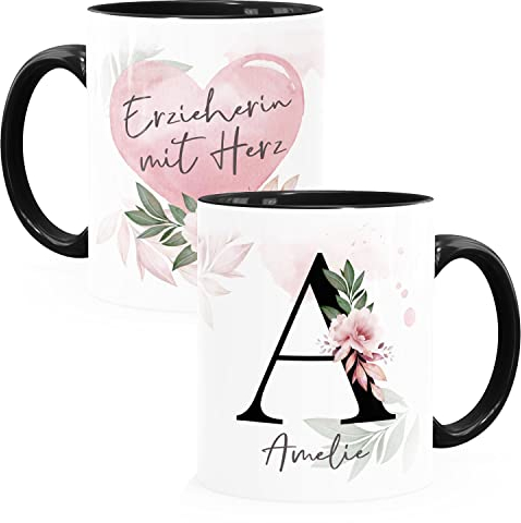 SpecialMe® Kaffee-Tasse mit Name und Spruch mit Herz Initiale Monogramm Dankeschön personalisierte Geschenke Erzieherin Inner-Schwarz Keramik-Tasse