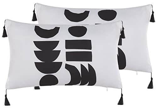 Beliani Dekokissen 2er Set Weiß/Schwarz mit Fransen 30 x 50 cm Glamour Modern Liriope