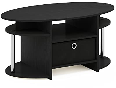 Furinno JAYA Simple Design Oval Coffee Table with Bin, Americano, Stainless Steel Tubes