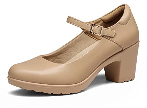 DREAM PAIRS Dame Mary Janes Pumps Chunky High Heel Kleid Schuhe Dicker Absatz Pumps für Damen,Size 37,Nackt,SDPU2231W-E