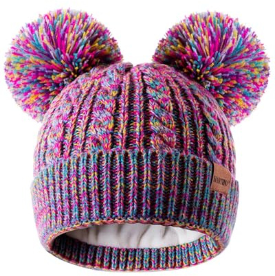 Winter Hat for Kids Toddler Children, Girls Beanie with Double Pom Pom Warm Thick Thermal Fleece Lined, Girls Accessories Cute Knit Beanies Cap for Cold Weather(Rainbow)
