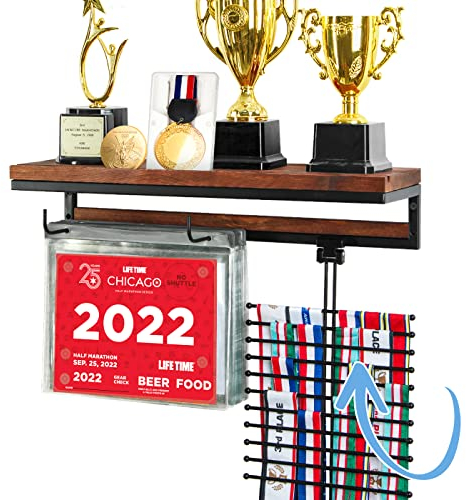 VIEWAY Marathon MK817A Medaillen-Aufhänger zur Wandmontage mit Rennlätzchen, Pokalregal und Haken für Laufen, Sport, Gymnastik, 50 Flip-Taschen