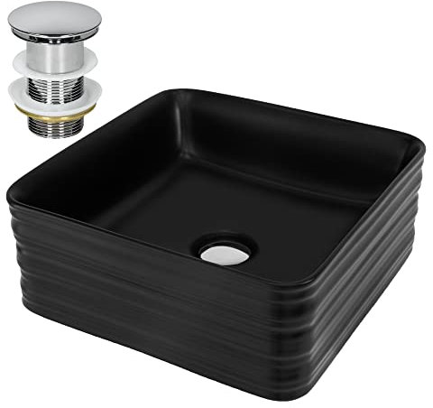 ML-Design Lavabo in Ceramica Nero 39 x 39 x 15 cm Quadrato Lavandino da Appoggio Piletta di Scarico Inclusa Lavello Design Moderno Elegante Sanitari per Bagno Scarico Standard 45 mm