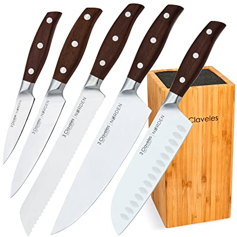 3 Claveles - Juego de 5 Cuchillos Profesionales en Acero Forjado y Taco de Madera (5X Norden Plus)