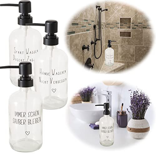 LS-LebenStil Glas Seifenspender 500ml Spruch Duscht Zusammen Kappe Schwarz 22cm Dispenser Seifenpumpe