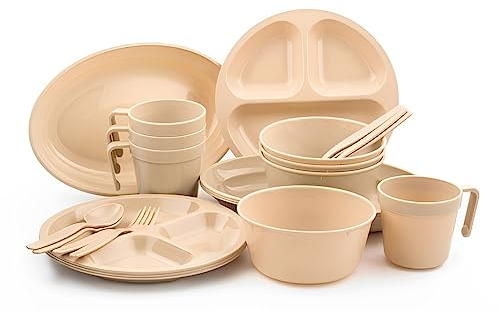 24pcs Premium Camping Dinner Set for 4, Lightweight Reusable Picnic Set for Outdoor Parties Plates with Bowls,Unbreakable Cups & Spoons Dinnerware for 4