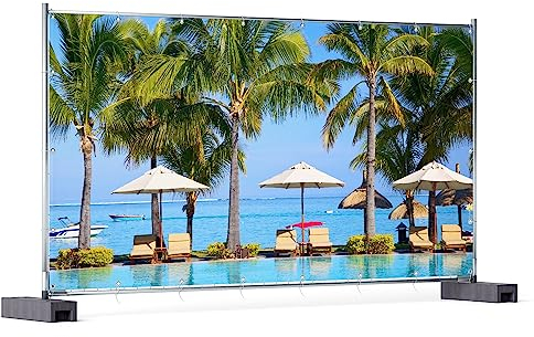 Wallario XXL Outdoor-Poster für Garten oder Balkon Sonnenschirme am Südsee-Palmenstrand mit blauem Meer-Wasser, Motivbanner Größe: ca. 340 x 173 cm, Outdoor-Bild