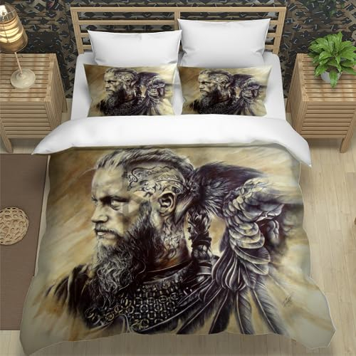NESKX Vikings Bettwäsche Set 3Teilig,Jungen Bettwäsche Motiv Wikinger-Kriegerschiff Odins Runen 200X200 Mit 80X80 Kissenbezug,Bettbezug Mikrofaser Mit Reißverschluss Für Winter Sommer,D7
