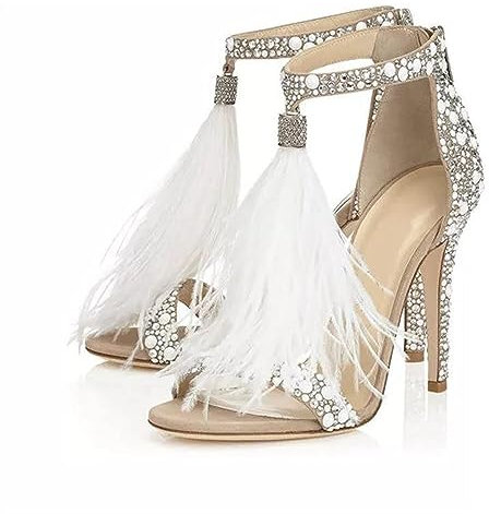 Donna Nappe Strass con Tacco Sandali Sexy Soffice Piume Punta Aperta Cerniera Posteriore Matrimonio Scarpe da da Sera Tacco Alto Scarpe da Sposa Bianco Scarpe (Color : Bianco, Size : 38 EU)