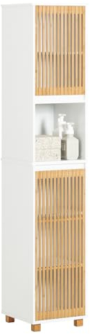 SoBuy BZR127-W Hochschrank Badezimmer Schrank Badschrank schmal Badregal Badezimmerschrank Badezimmermöbel Weiß-Natur BHT ca. 33x165x33cm