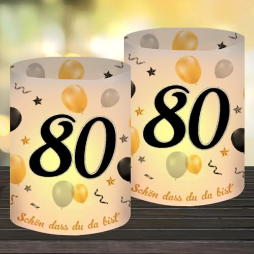 12 Windlicht Tischdeko 80 Geburtstag, Deko 80 Geburtstag Frau Mann, Happy Birthday Tischdeko 80. Geburtstag Frauen, Geeignet für Teelichter oder Kerzen mit Schön DASS Du Da Bist und Eukalyptus