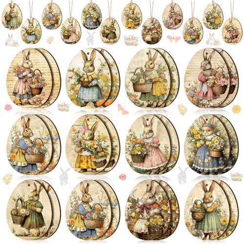 Yookeer 36 Pcs Vantage Easter Wooden Ornaments Retro Easter Decorations for Tree Bunny Ornaments Egg Shape Wood Cutouts with Rope Bunny Mini Signs Hanging Spring Decoration for Small Tree Home Indoor