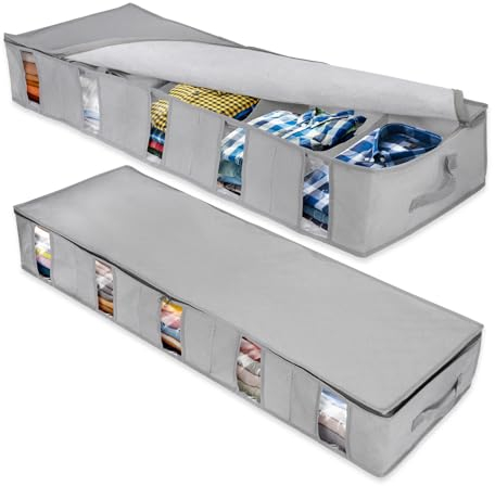 keilend Under Bed Storage 2 Pcs, Foldable Underbed Storage Boxes with Lids, Clothes Organiser Bags with 5 Transparent Windows for Clothes|Duvets|Blankets|Pillows|Toys - Grey