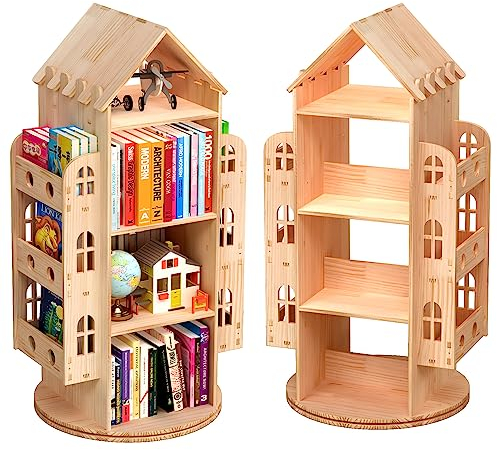 PTUWODS Drehbares Bücherregal, Standregal 360 Grad, Lagerregal für Kinder und Erwachsene, multifunktionales Bücherregal Massivholz (4 böden)