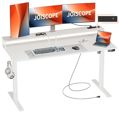 JOISCOPE Height-Adjustable Desk with Monitor Stand, Memory Height, Standing Table with Outlets and USB & Tpye-C and Side Hook, Ideal for Office and Home,140 x 60 cm, White