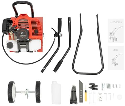 Mermajestic 52CC Engine 2 Strokes Lawn Soil Cultivator, Petrol Rotavator Mini Garden Petrol with Wheels and Threaded Handle for Refurbishing Lawns, Vegetable Fields and Gardens, 1.9kw Motor, 4 Blades