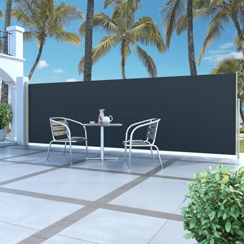 Homgoday Auvent Latéral Rétractable 160 x 500 cm Noir, Protection de l'intimité et Vent, Paravent Store Clôture de Jardin, Extensible Brise Vue pour Extérieur Balcon Terrasse