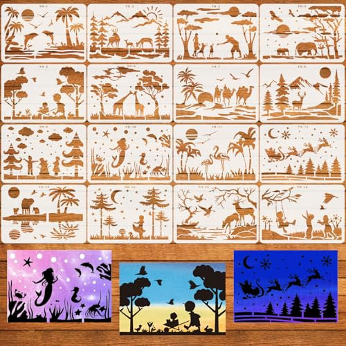 16 Stück Malschablonen Set, A4 Schablonen, Silhouette Schablonen, Wiederverwendbar für Textilgestaltung, Wandgestaltung, Kunst, Wanddeko