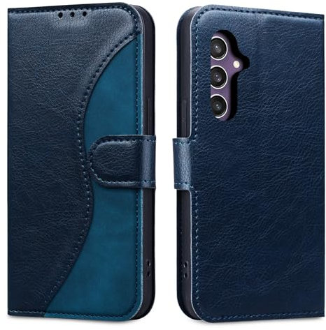 Auslbin Hülle für Samsung Galaxy S24 FE 5G 6.7 mit Standfunktion, Kontrastierende Farben PU -Schutzhülle, Leichtes Geschäft Mobile S24 FE 5G/SM-S721B/DS Handyhülle, Blau