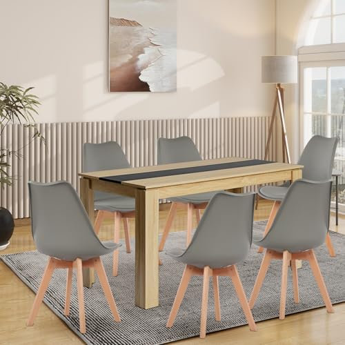 FURNITABLE Esstisch mit 6 Stühlen Esszimmergruppe, 6er Set Esszimmerstühle und 140CM Rechteckig Holztisch Essgruppe für Wohnzimmer Küche Büro (Eiche-Schwarz Tisch+6 Grau Stühle)