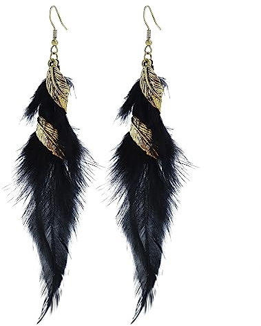 fdsmall Feder Ohrringe für Frauen - Böhmische Fransen Quaste Lange Tropfen Dangle Set - Ethnische Bunte Faux Feder Ohrringe (Black)