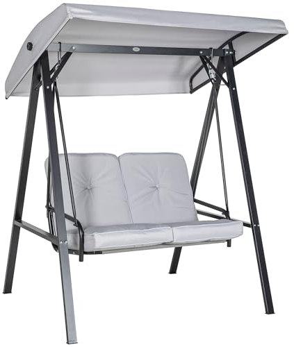 Outsunny Hollywoodschaukel 2-Sitzer Gartenschaukel mit Verstellbarem Dach, Kissen, Schaukelbank bis 220 kg Belastbar, für Garten, Balkon, Grau, 145 x 116 x 172 cm