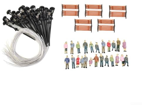 Set di 49 personaggi dipinti in scala HO OO, con panchine e lampioni, per modellismo, treno, paesaggio, edificio paesaggistico