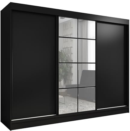 A&J MöbelLand Schwebetürenschrank ORAVELLE Kleiderschrank 3-türig mit Schubladen, und Spiegel, Garderobe 200 cm (Schwarz)