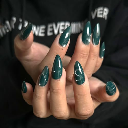 Faux Ongles Court MouyouGlow,Amande Unicolore Vert Foncé Cat Eye Magnetic Halloween Œil de Chat Press on Nails avec Colle à Ongles,Dark Green Phototherapy Fake Nails