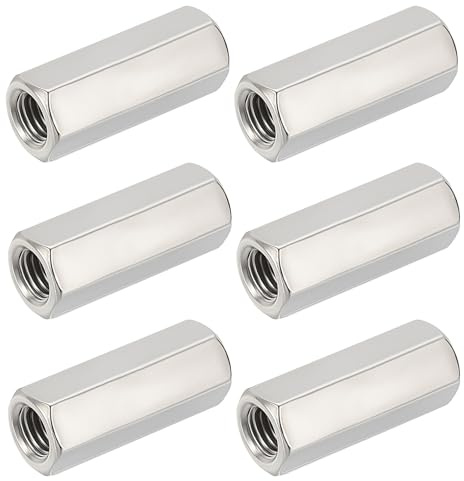 HiPicco Tuercas de acoplamiento hexagonales, 1/2-13 UNC 50 mm de longitud, paquete de 6 tuercas de acoplamiento de varilla de acero inoxidable 304 para varillas roscadas y pernos