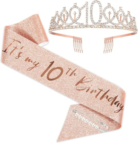 Heanvmyss Geburtstagskrone Schärpe,Kronenkristall Tiara,10. Geburtstag Schärpe Und Strass Tiara,Kopfschmuck,Birthday Crown Prinzessin Haar Zusätze Partyzubehör Dekorationen für Mädchen Frauen Girl