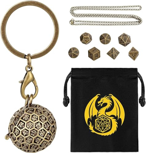 Mini DND Würfel Set mit Tragbarem Schlüsselanhänger, Halskette, Hohler D100 Runde Kugel Metallkäfig, Winziges 7-teiliges Polyedrisches Metall D&D Würfel Set, DND Geschenke mit Geschenktüten, Bronze